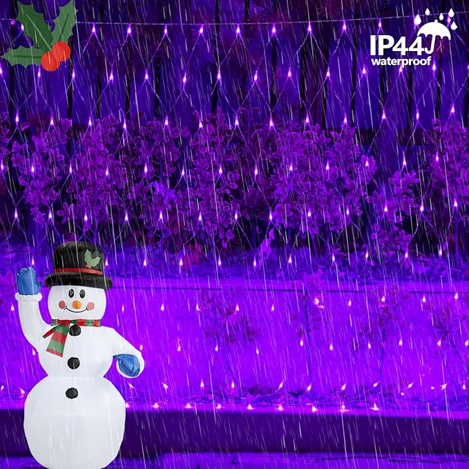 QITONG Purple Net Lights Outdoor Mesh Lights, 360 LED 12ft x 5ft Christmas Net Light with 8 Modes, Clear Wire Bush Light Plug in