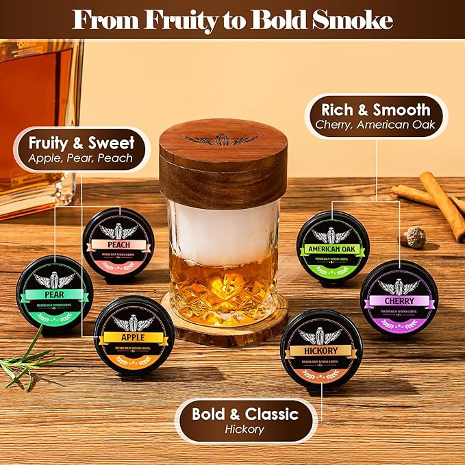 INSISART Whiskey Smoker Wood Chips, 6 Flavors Apple Cherry Oak Pear Peach Hickory, Natural Chips for Cocktails, Old Fashioned, Bourbon, Drinks, Food,Bar Accessory Gift for Men