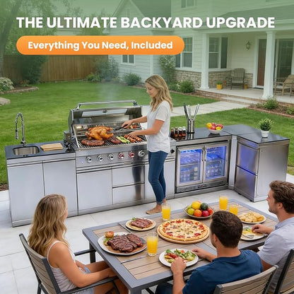 Outdoor Kitchen Island,Gas Grill with Standalone Side Burner Island, 96,000 BTU BBQ Grill with Infrared Burner, Refrigerator,Granite Countertop, Grill Cart & Storage Drawers (Silver+153in)