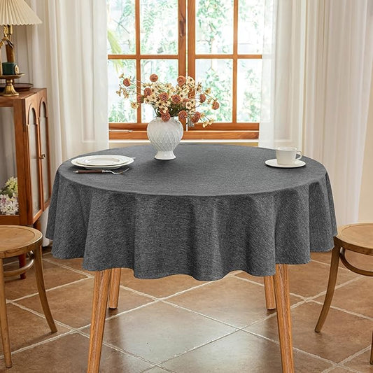 Seenus Faux Linen 60 Inch Gray Round Tablecloth fits 30'' to 48'' Table, Textured Stain Resistant & Washable Table Cloth for 2-4 Seats Circle Dining Table Kitchen Patio