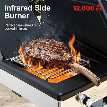 Brand-Man 6-Burner Propane Gas Grill with 12,000 BTU Infrared Sear Side Burner, Porcelain-Enameled Cast Iron Diamond-Pattern Grates & Griddle, 624 Sq.In. BBQ Station with Storage Cabinet for Barbecue