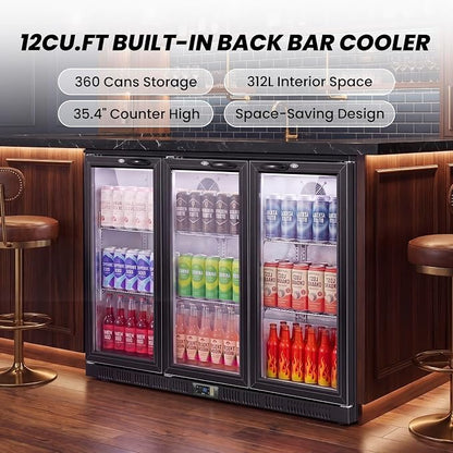53.15" W Commercial Under Counter Beverage Refrigerator, 3 Glass Door Back Bar Cooler, Built-in/Freestanding 12Cuft Drink Fridge with LED Light, Auto Defrost, Low-E Glass & Safety Lock, Rebound door