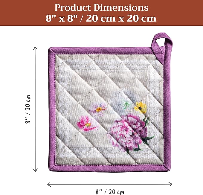 Maison d' Hermine Pot Holders 100% Cotton Heat Resistant Potholders 8" x 8" Hot Pads with Loop BBQ Cooking Baking Hotel Farmhouse Kitchen Handling Hot Pans Spring Summer (Pack of 2, Pivoine)