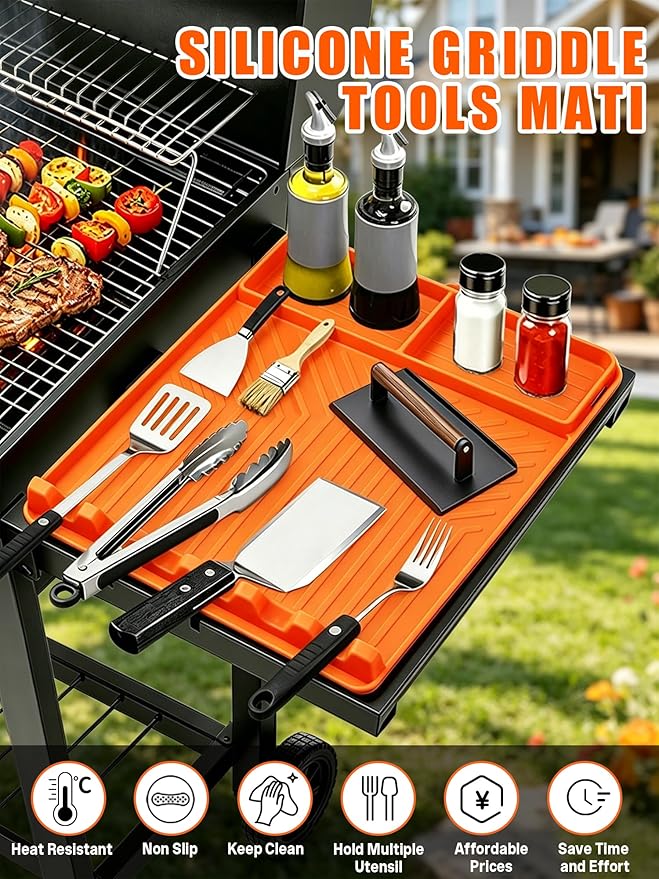 Rollable Silicone Grill Mat for Blackstone Griddle, Heat-Resistant Side Shelf Organizer with Drip Tray for Griddle Tools & BBQ Accessories, Non-Slip Outdoor Grill Mat Gift for Men (Orange)