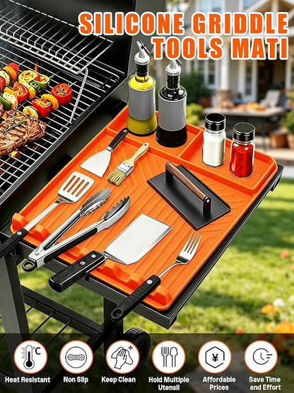 Rollable Silicone Grill Mat for Blackstone Griddle, Heat-Resistant Side Shelf Organizer with Drip Tray for Griddle Tools & BBQ Accessories, Non-Slip Outdoor Grill Mat Gift for Men (Orange)