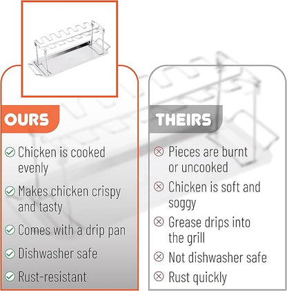 UNCO- Chicken Leg Rack for Grill with Drip Pan, 14 Slots Stainless Steel, Chicken Wing Rack for Smoker, Chicken Drumstick Rack, Chicken Stand for Smoker, Chicken Drumstick Holder, Grill Rack.