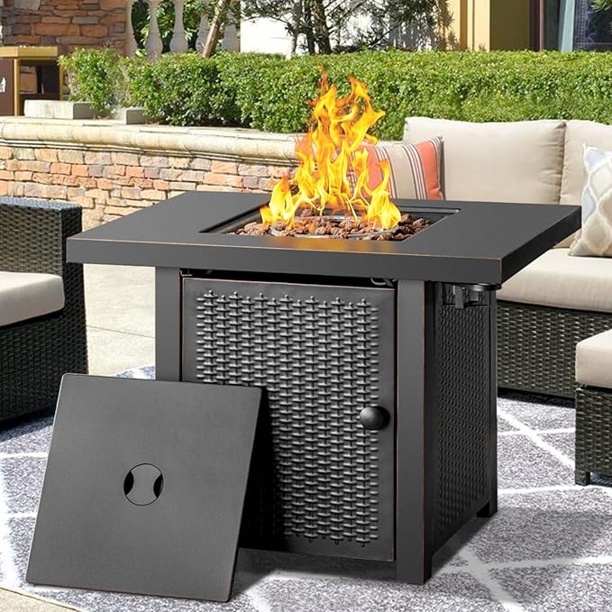 OutVue 32 Inch Propane Fire Pit Table, Outdoor Gas Fire Pits with 2 Drink Holders, Lid & Lava Rock, 50000 BTU Firepit Table for Dinning, Party in Outside, Patio, Garden or Yard