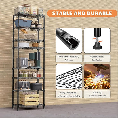 M MZG 8 Tier 2000 lbs Storage Rack Metal Wire Shelving Unit, Storage Standing Shelf Organizer for Laundry Bathroom Kitchen Pantry Closet Garage Basement Utility Room, Black 13.8" D x 23.6" W x 79.5" H