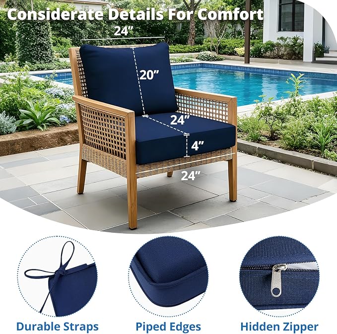 Outdoor Chair Cushion Patio Furniture Seat & Back Pillow 24 x 24 Inch Blue | Rain-Proof Cover Removable Replacement with Ties for Wicker Sofa Couch Sunbrella Outside