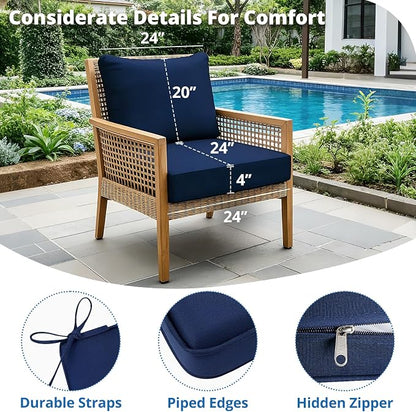 Outdoor Chair Cushion Patio Furniture Seat & Back Pillow 24 x 24 Inch Blue | Rain-Proof Cover Removable Replacement with Ties for Wicker Sofa Couch Sunbrella Outside