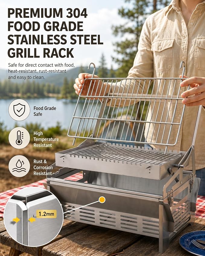PYY Upgraded 360° Rotating Barbecue Grill Outdoor Rotating BBQ Grill | Easy Flip Grill, Heat-Resistant Wooden Handle, Thickened SUS Food Grade Mesh, Adjustable Height Grill & Charcoal Tray