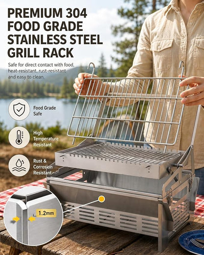 PYY Upgraded 360° Rotating Barbecue Grill Outdoor Rotating BBQ Grill | Easy Flip Grill, Heat-Resistant Wooden Handle, Thickened SUS Food Grade Mesh, Adjustable Height Grill & Charcoal Tray