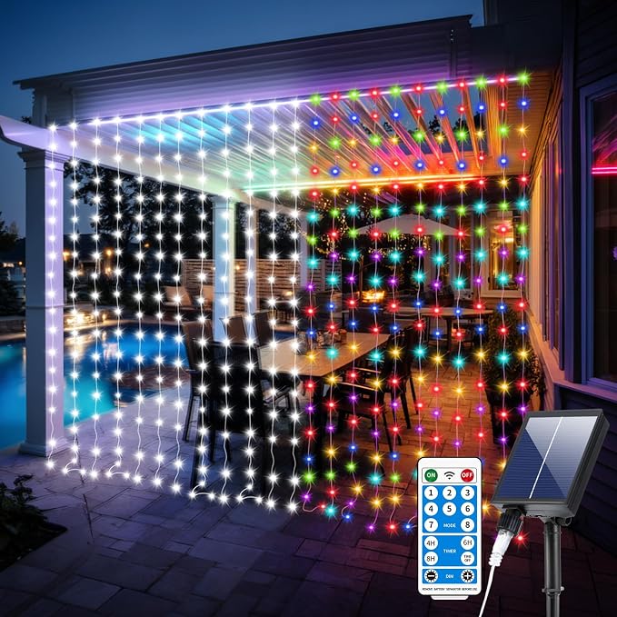 Solar Curtain Lights Outdoor Waterproof 10x10Ft 300LED Multicolor Cool White Dual Color Changing Fairy String Lights with Dimmable Remote Timer Memory for Christmas Balcony Pergola Patio