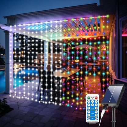 Solar Curtain Lights Outdoor Waterproof 10x10Ft 300LED Multicolor Cool White Dual Color Changing Fairy String Lights with Dimmable Remote Timer Memory for Christmas Balcony Pergola Patio