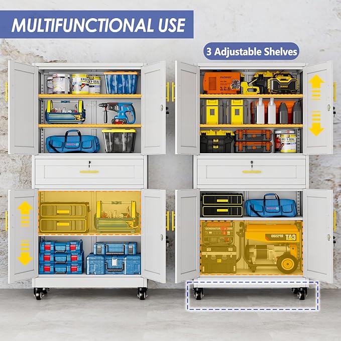 71" Metal Garage Storage Cabinet with Wheels and Locking Doors and Tall Rolling Steel Tool Cabinet with 3 Adjustable Shelves for Garage,Home,Office,Shop (White, 71" H x 35.43W x 15.74" D)