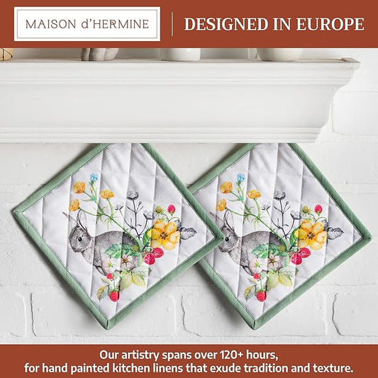 Maison d' Hermine Pot Holders 100% Cotton Heat Resistant Potholders 8" x 8" Hot Pads with Loop BBQ Cooking Baking Hotel Farmhouse Kitchen Handling Hot Pans Spring Summer (Pack of 2, Printemps)