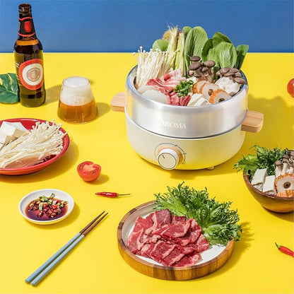 Aroma Housewares AMC-130 Whatever Pot, Indoor Grill, Cooking, Hot Pot with Glass Lid, Bamboo Handles, 2.5L, Stainless Steel/White