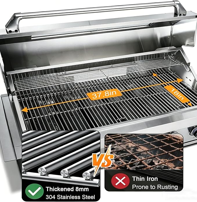 Built In 6 Burner Propane Gas Grill, 304 Stainless Steel 39in Gas Grill, 72,000 BTU with 684sq.in. Cooking Space, Rear Burner with Tri-fuel Compatibility