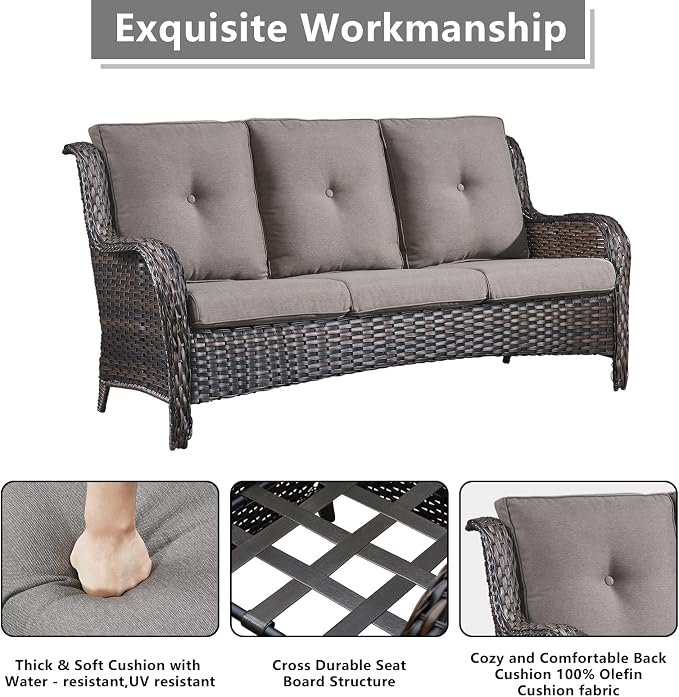 Rilyson Wicker Outdoor Patio Sofa with Ottoman, Large 3 Seater Wicker Patio Couch with 4in Replaceable Seat Cushions and Deep Seating, All Weather for Backyard, Garden, Poolside (Brown/Grey)