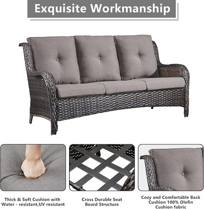 Rilyson Wicker Outdoor Patio Sofa with Ottoman, Large 3 Seater Wicker Patio Couch with 4in Replaceable Seat Cushions and Deep Seating, All Weather for Backyard, Garden, Poolside (Brown/Grey)