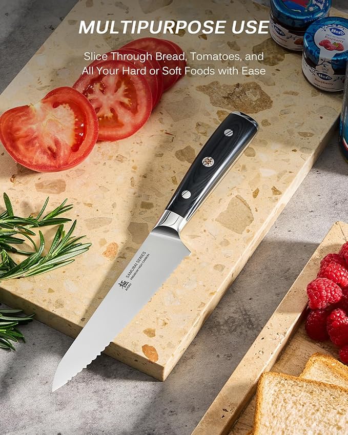 KYOKU 5.5 in. Serrated Utility Knife, Samurai Series Japanese Utility Chef Knife with Pakkawood Handle, German 1.4116 Stainless Steel Full Tang Sandwich Tomato Knife with Protective Sheath & Gift Box