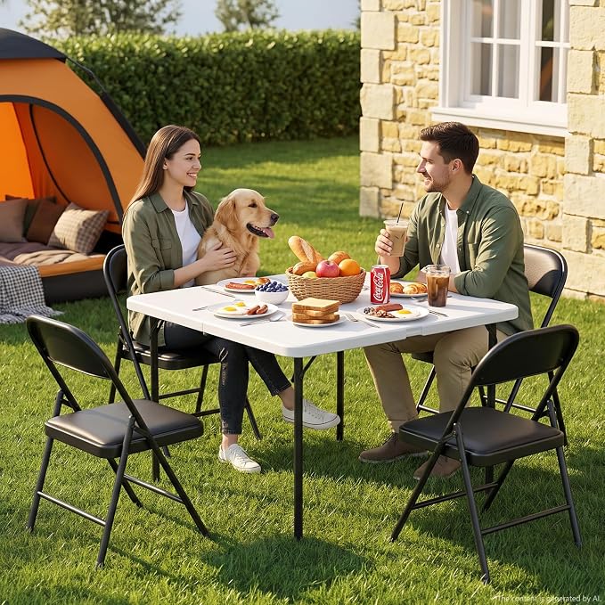 Folding Table and Chairs Set for 4, 36 Inch Foldable Card Table with Carrying Handle & 4 PU Leather Padded Folding Chairs, Portable Indoor Outdoor Dining Table Set for Picnic, Camping, RV, Game Night