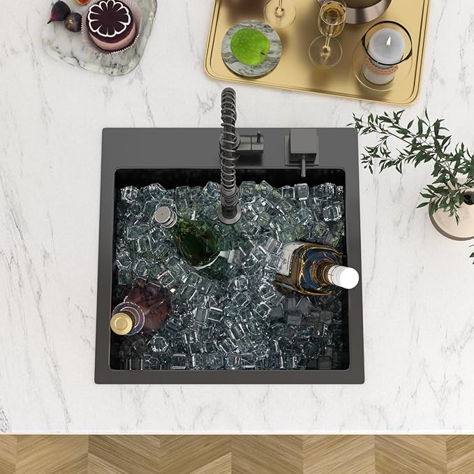 18 In Gunmetal Black Drop Bar Sink 18 x 18 Inch Kitchen Sink 18 Gauge Stainless Steel Single Bowl Topmount Handmade Sink for Outdoor, RV, 18x18x9