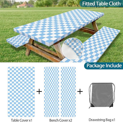 Picnic Table Cover with Bench Covers and Bag, Blue and White Checkered Gingham Buffalo Plaid Camping Tablecloth Waterproof Windproof Elastic Edges Fitted Tablecloths for Outdoor Garden 3PCS 30x96 Inch