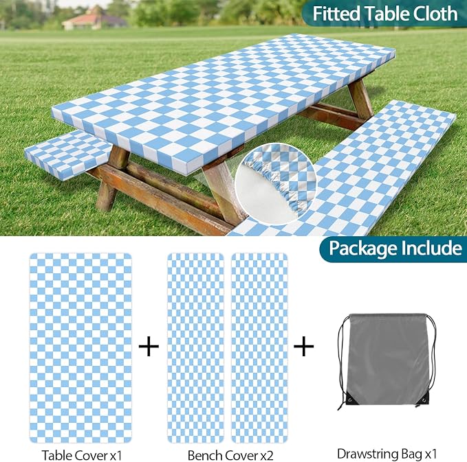 Picnic Table Cover with Bench Covers and Bag, Blue and White Checkered Gingham Buffalo Plaid Camping Tablecloth Waterproof Windproof Elastic Edges Fitted Tablecloths for Outdoor Garden 3PCS 30x72 Inch