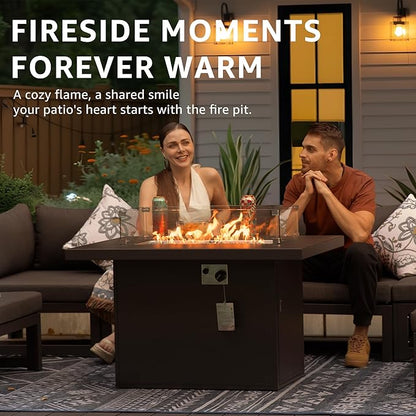 BULEXYARD 43" Aluminum Propane/Natural Gas Fire Pit Table, 60,000 BTU Rectangle Outdoor Patio Firepit Table with Cover, Lid & Wind Guard, Modern CSA-Certified Fireplace for Outside Patio, Dark Grey