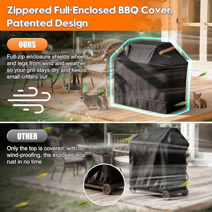 All-inclusive outdoor barbecue grill cover, patented grill cover made of 600D material, animal-resistant, waterproof, UV-resistant, tear-resistant, 60-inch fully enclosed zipper gas grill cover, black