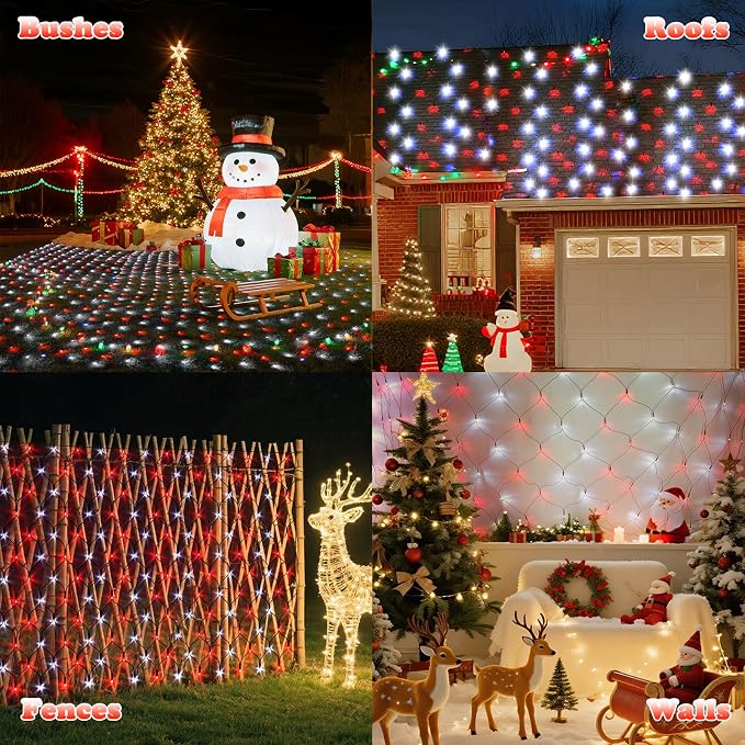 LitHome 14.8FT x 5FT Christmas Net Lights Outdoor Waterproof Connectable | 8 Modes 300 LED Red White Bush Lights, Net Mesh Light Dark Green Wire for Bushes Shrubs Outdoor Christmas Holiday Decor