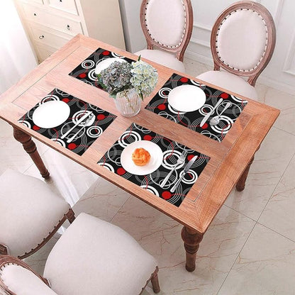 Black Red Placemats Set of 4, Geometric Linen Dining Table Mat | Washable Heat Resistant Place Mats For Kitchen Dining Holiday Party Home Decor 12"x18"
