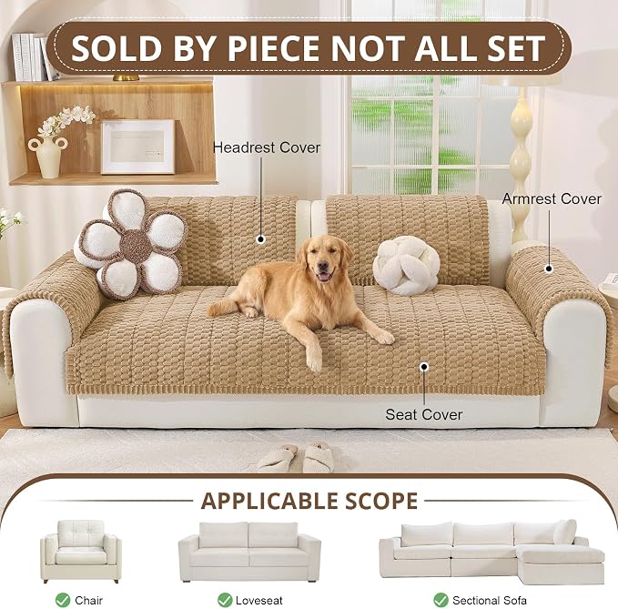 OstepDecor Couch Cover for Dogs, Washable Non Slip Sofa Cover for Pets | Soft Couch Covers for Sofa, Loveseat and Sectional, Furniture Protector Against Pet Hair & Dirt (35.4" x 82.7", Khaki)