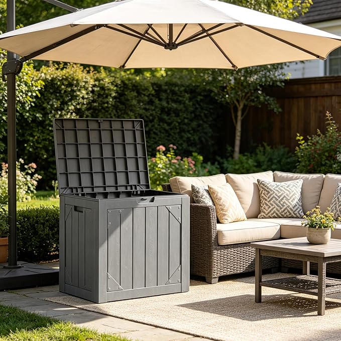 31 Gallon Outdoor Deck Box 4 Pack, Waterproof Resin Patio Storage Boxes with Lockable Lid, Small Outdoor Storage for Cushions, Accessories, Garden Tools, Indoor Outdoor Organizer, Gray