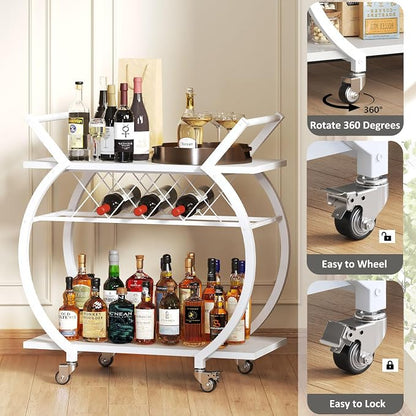 LVB White Bar Cart, Modern Rolling Serving Wine Cart with Storage for Home | Coffee Liquor Drink Cart with Wheels, Wood and Metal Kitchen Microwave Beverage Cart, Drink Liquor Cart for Dining Room