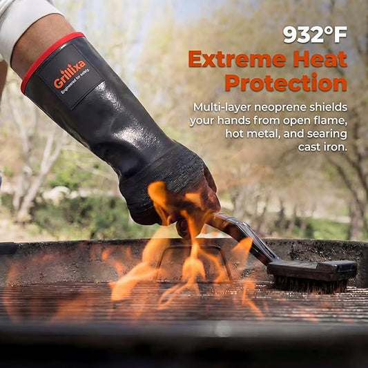 BBQ Gloves: Neoprene Heat Resistant Waterproof Grilling Gloves, 932F Temperature Protection with Cotton Lining for Smoker, Cooking, Outdoor Barbecue and More
