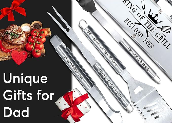 Bonsai Tree Fathers Day Dad Gifts from Daughter, Gifts for Dad, Best Dads Ever Gift for Birthday - Cool Grilling BBQ Present for Father from Son - Daddy Stainless Steel Metal Tool Heavy Duty Set 4