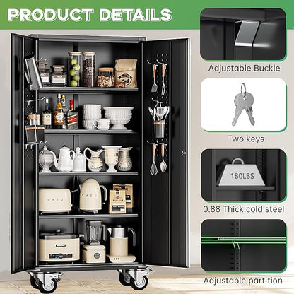 INTERGREAT Metal Storage Cabinet with Wheels, 72" Lockable Mobile Cabinets with Adjustable Shelves, Large Capacity Rolling Tall Cabinet with Casters for Home Office, Kitchen, Garage, School(Black)