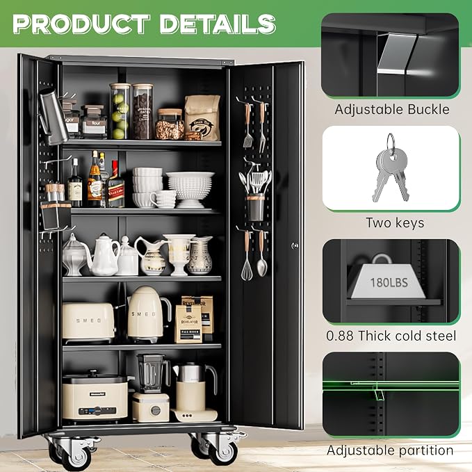 Rolling Metal Cabinet with Wheels, 72" Locking Storage Cabinet with Adjustable Shelves, Large Capacity Pulley Cabinets for Home Office, School, Warehouse(Black)