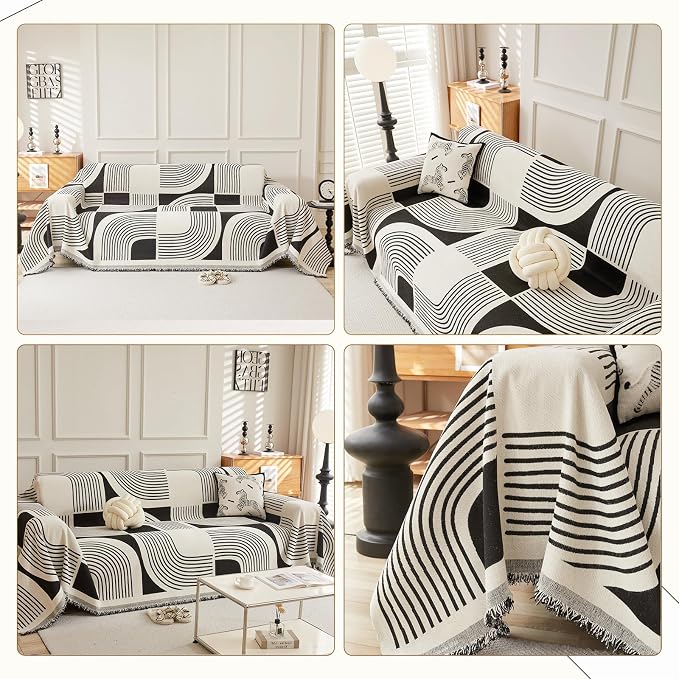 WEYOND Boho Couch Cover, Chenille Sofa Covers Washable, 71" x 150", Black | Couch Covers for 3 Cushion Couch Sofa Pet Friendly, Bohemian Sofa Slipcovers for Sectional Sofa, Loveseat, 2 3 4 Seater
