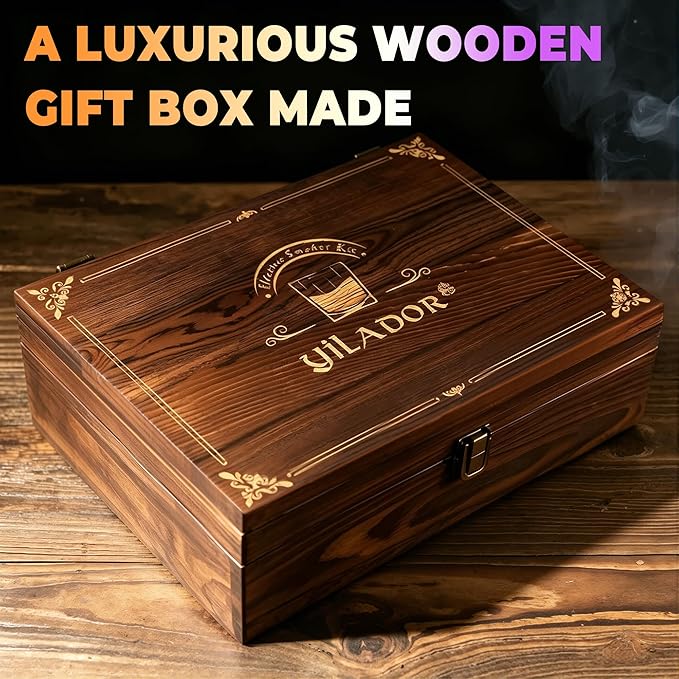 Electric Whiskey Smoker Kit with Wooden Box, 4 Wood Chips, Torch, Ice Molds, 2 Glasses, Stones, Old Fashioned Bourbon Cocktail Smoker Infuser Kit, Whiskey Gifts for Father, Men, Husband (No Butane)