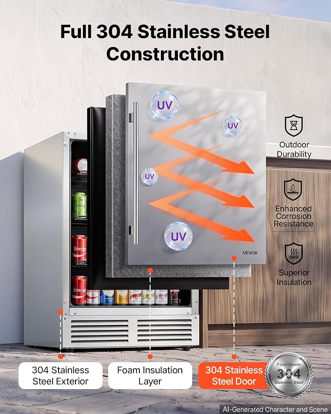 VEVOR Outdoor Beverage Refrigerator, 24 Inch Undercounter Drink Fridge | 304 Stainless Steel Body, 5.0 Cu. Ft, Hold 180 Cans, Powerful Cooling System, Built-in / Freestand Cooler, Home Bar & Patio