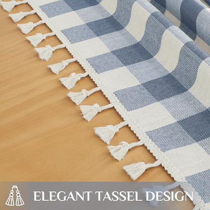 Softalker Checkered Tablecloth Square, Outdoor Linen Cotton Gingham Table Cloth with Tassel, Heavy Duty Wrinkle Free Buffalo Plaid Table Cover for Kitchen Dining Summer Party - 55 x 55 Inch, Blue