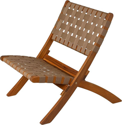 64098 Sava Indoor Outdoor Folding Chair Low Slung Portable Seating Solid Acacia Wood Woven Seat & Back Indoors Porch Lawn Garden Fishing Sporting - Brown Webbing