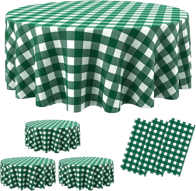 Disposable Checkered Tablecloth Round Plastic Buffalo Plaid Table Cloth 84'' Gingham Tablecover for Picnic Camping BBQ Graduation Party(Green White,3 Pieces)