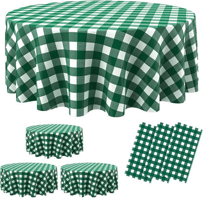 Disposable Checkered Tablecloth Round Plastic Buffalo Plaid Table Cloth 84'' Gingham Tablecover for Picnic Camping BBQ Graduation Party(Green White,3 Pieces)
