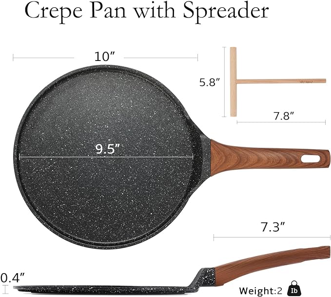 ESLITE LIFE 9.5 Inch Crepe Pan with Spreader, Nonstick Granite Coating Dosa Pan, Roti Tawa Comal Para Tortillas Pancake Griddle Pan, Induction Compatible, PTFE & PFOA Free, Black
