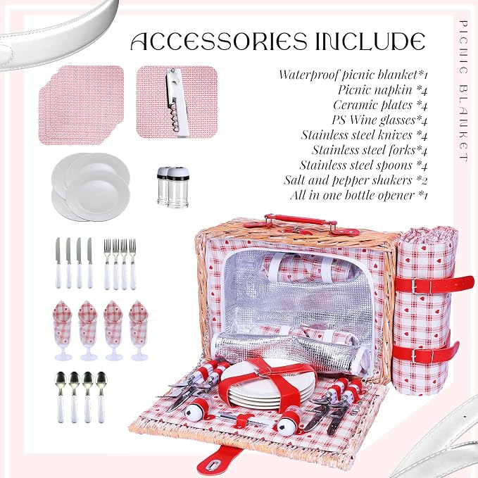 Wicker Picnic Basket Set for 4, Blanket, Cooler Bag, Red Heart | Four-Person Wicker Set Includes Tableware, Insulated Food Storage and Waterproof Blanket for Parks, Camping, Dates and Gifts