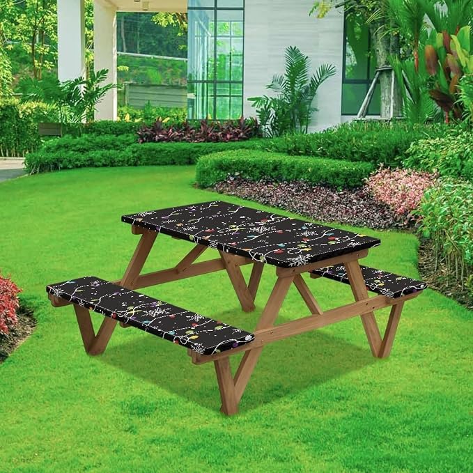 Elastic Fitted Table Cloth for Camping Party Supplies Christmas Pattern Picnic Table Cover with Bench Covers 3 PCS for Outdoor BBQ Camping